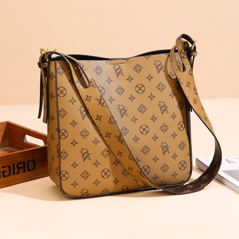 

Wholesale factory ladies brand leathers shoulder bags thicken printed bucket bag large capacity two-piece leather backpack elegant brown fashion handbag, Coffee-2001