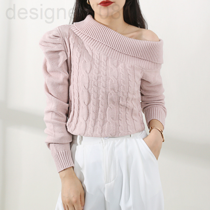 

Women' Knits & Tees designer []New autumn and winter long sleeved linen off shoulder solid color sweater irregular oblique neck loose knit blouse for women MZKN, 2# packing bag