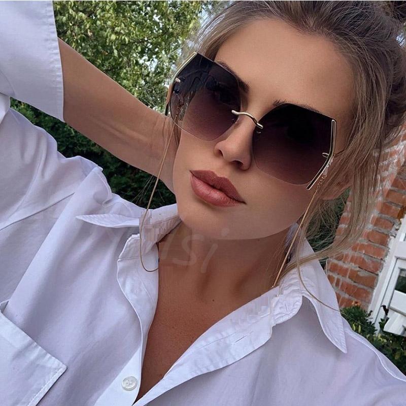

Sunglasses High Quality Women's Square Men Metal Rimless Shades Luxury Oversized With Chain Female Lady Eyewear UV400Sunglasses