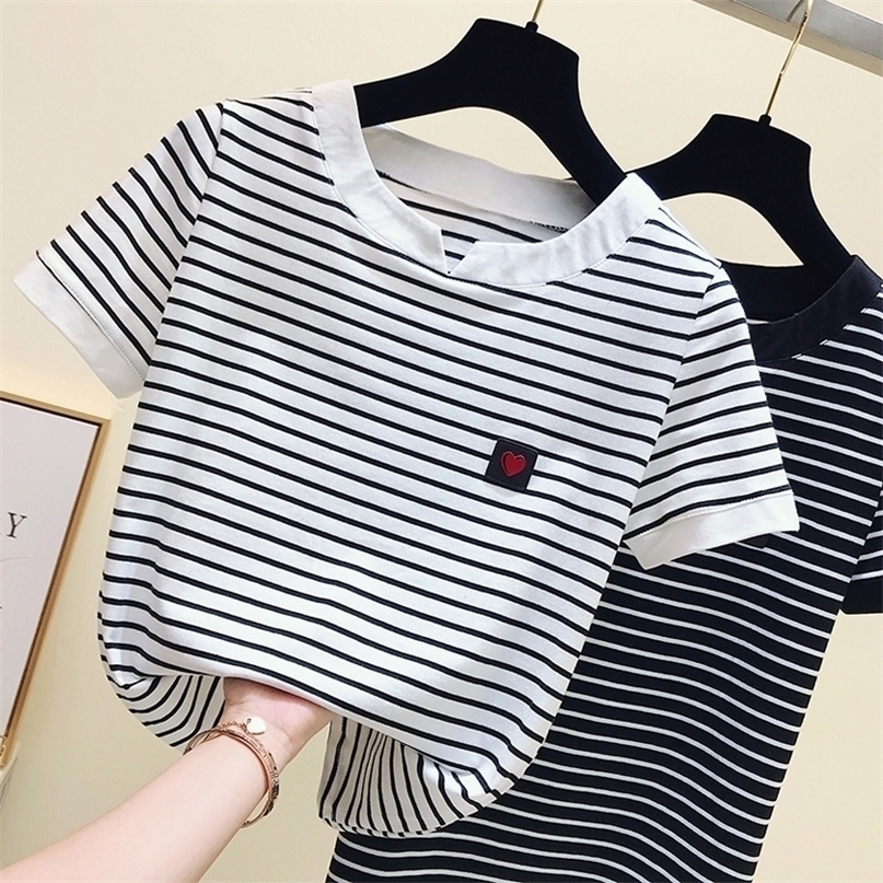 

gkfnmt Poleras Mujer Tshirt Femme Stripe Female T Shirt Women Cotton Slim T-Shirt Woman Summer Camiseta Feminina Casual 220402, Black
