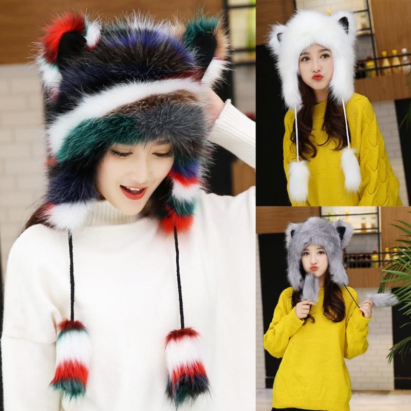 

Berets Fluffy Furry Thermal Warm Trapper Hat Cute Cat Ears Plush Animal Earflap Cap, White