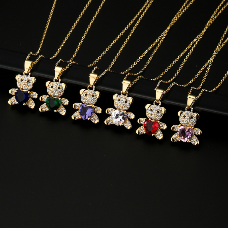 Nouveau Mode CZ Pave Réglage Mignon Amour Ours Pendentif Collier Femme Cadeau 18K Or Bijoux