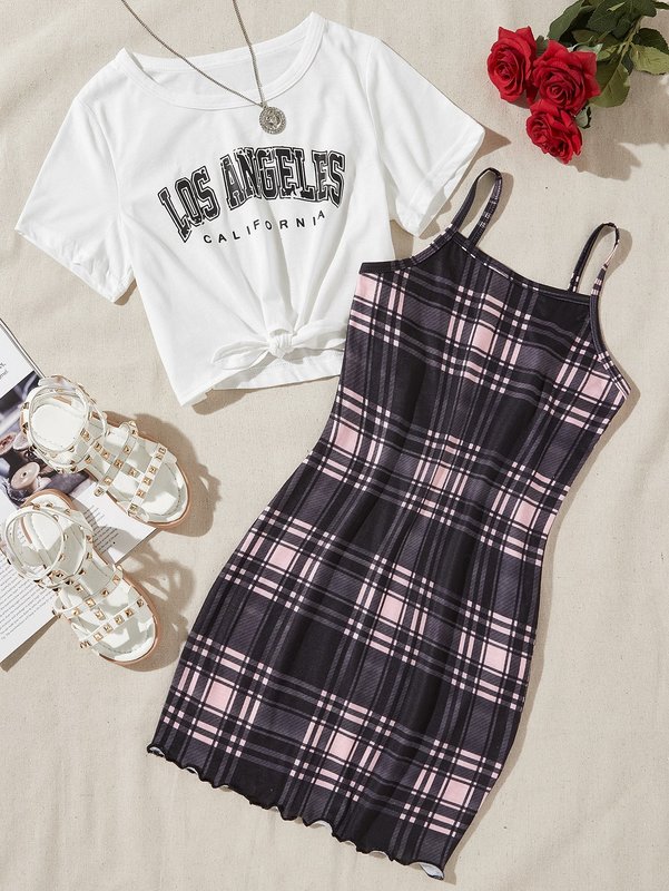 

Girls Letter Graphic Tie Hem Tee & Plaid Cami Dress SHE, Multicolor