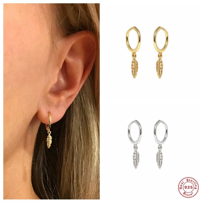

Hoop & Huggie Aide 925 Sterling Silver Gold Earrings For Women Girls Gift Luxury Feather Pendant Small Circle Earring Party Fine JewelryHoop