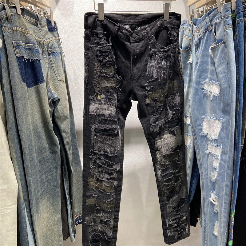 

Real Pics 22SS Heavy Washed Jeans Destroys Denim Pants Men Women Heavy Fabric Trousers Fashion, Black