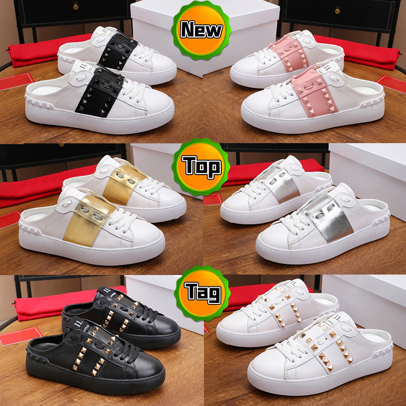 

2022 designer slipper Open back studs untitled slide mule sneaker men sandal luxury women slides white black band metallic silver pink studs fashion slippers, Shoe box