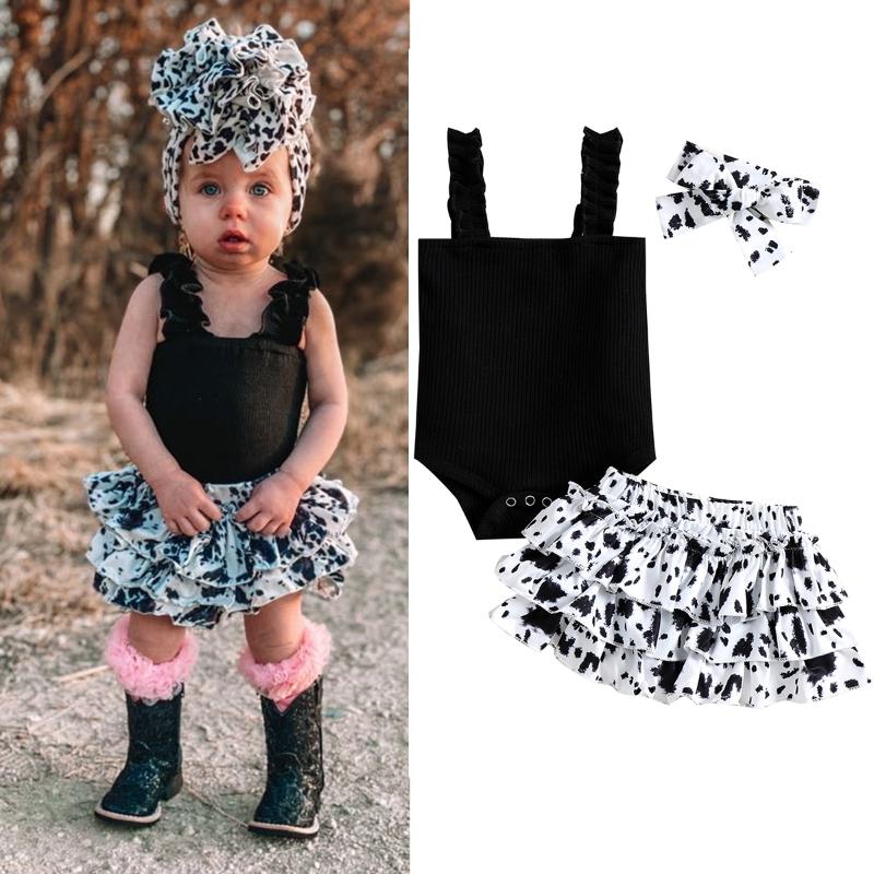 

Clothing Sets 0-24M 3pcs Baby Girls Clothes Set Sleeveless Solid Romper Print Ruffles Shorts And Bowknot HairbandClothing, As pic