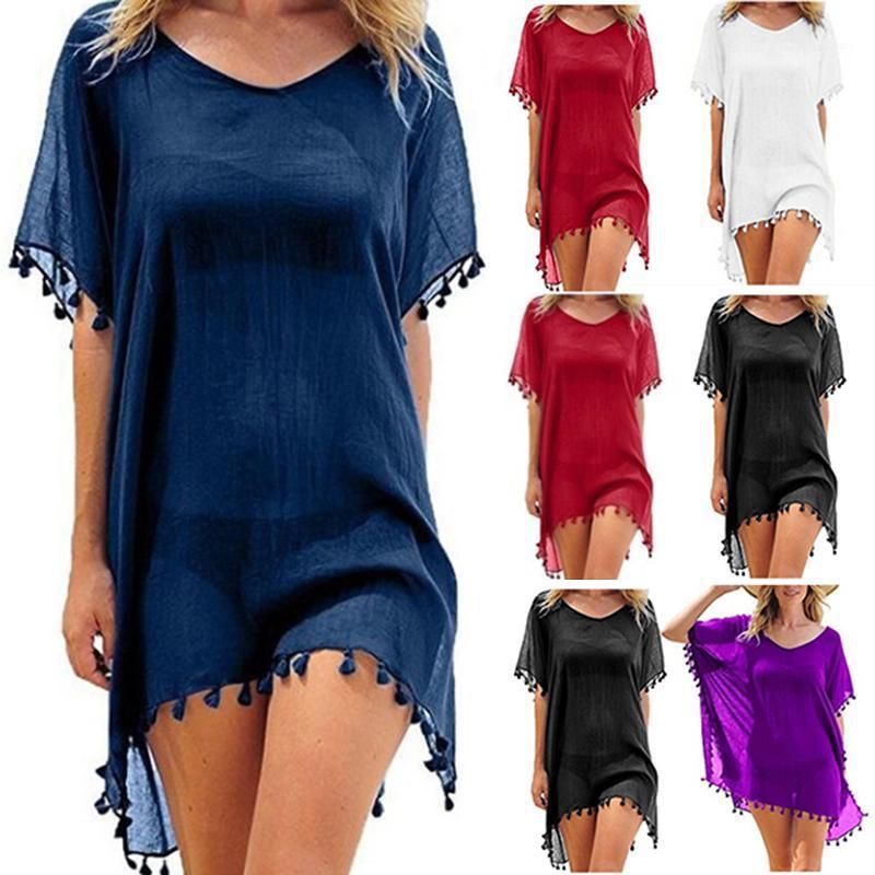 

Casual Dresses Chiffon Bikini Cover Up Beach Dress Blouse Bathing Sexy Slim Loose White Laces Top Cloak Short Tunic, Red