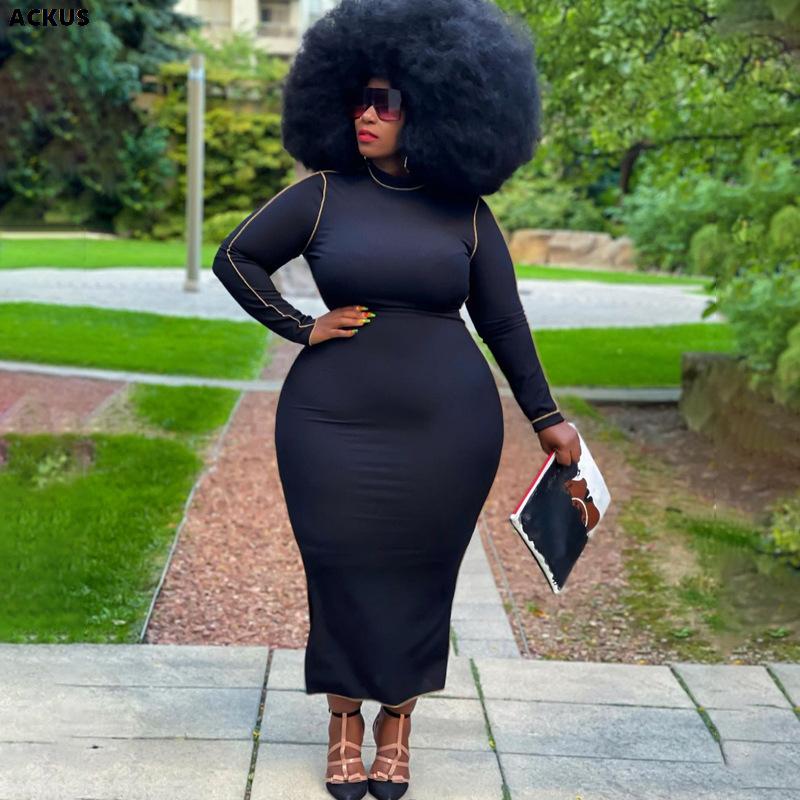 

Plus Size Dresses Women Dress Solid Stretchy Bodycon Pencil Long Female Fashion Casual Vestidos Stylish Clothing AutumnPlus, Black