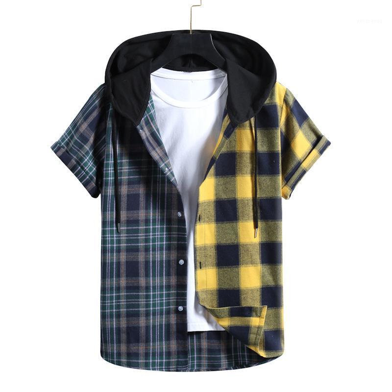 

Men Hooded Shirts 2022 Fashion Korean Short Sleeve Spring Summer Plaid Shirt Casual Slim Fit Plus Size Cotton Men' Clothing, As shown
