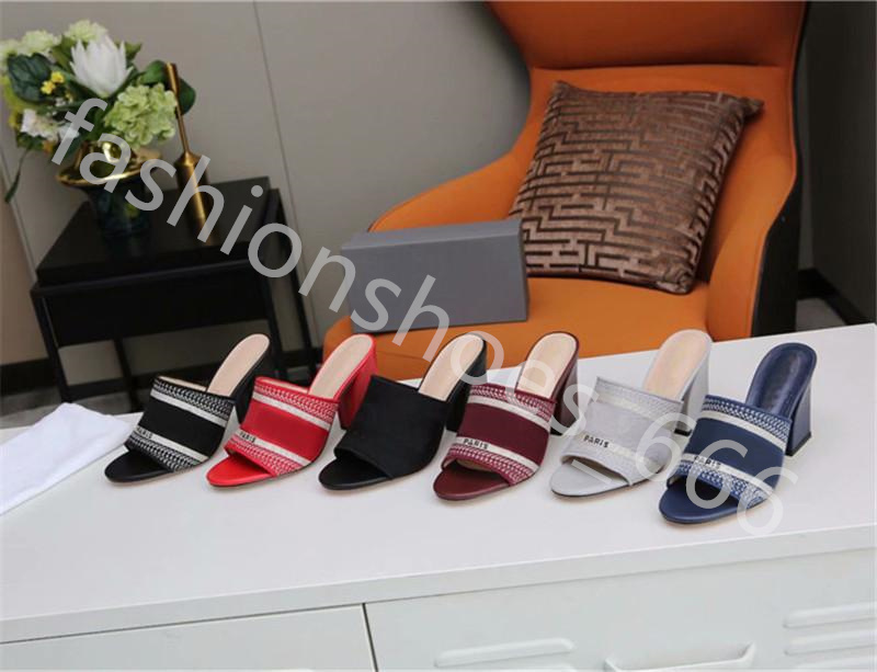 

2022 Top Quality Womens High Heels Sandals Striped Slippers Black knit Embroidery Heel Sandal Outdoor Summer Letters Slipper Size 35-42