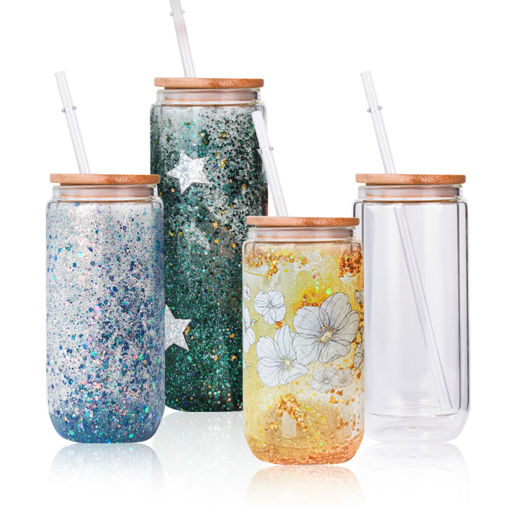 

25oz Sublimation double wall snow globe Glass Can Creative Sequins tumblers shape Bottle with Lid and Straw Summer Drinkware Mason Jar Juice Cup, Clear