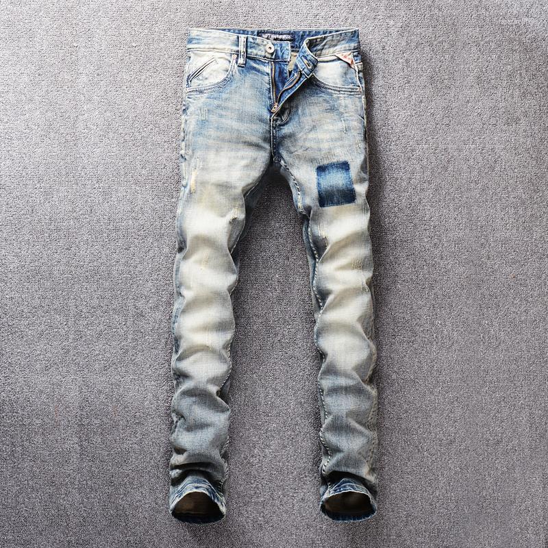 

Men's Jeans Dirweimon High Quality Fashion Men Brand Ripped For Patchwork Pants Straight Distressed Scratched JeansMen's Heat22, Rl643 blue