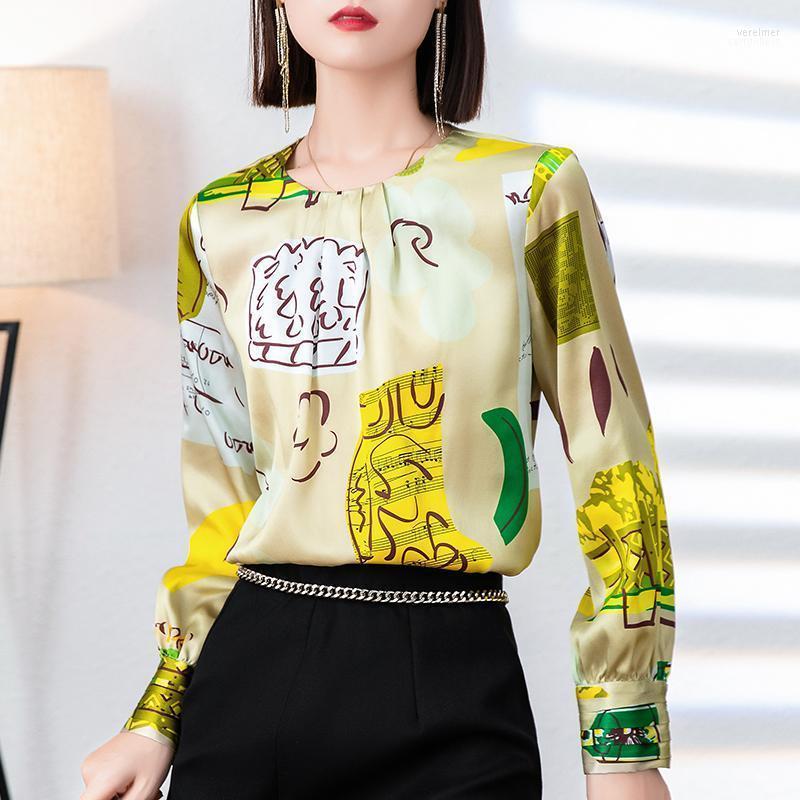 

Women' Blouses & Shirts Spring Autumn Print Shirt Elegant O-neck Long Sleeve Woman Female Real Silk Satin Blouse Loose Tops Vere22, Picture color