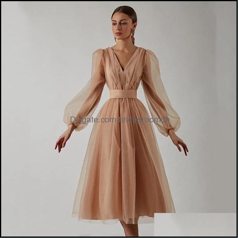 

Cocktail Dresses Elegant Long Puff Sleeves Party V-Neck Sashes Tle Tea-Length Prom Gown Plus Size Form Bridegroomdh Dhuce, Yellow