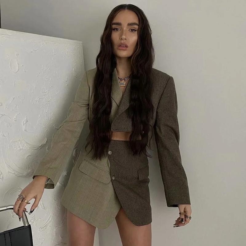 

Work Dresses XIKOM Women Two-piece Set Vintage Color Matching Office Lady Single Button Short Blazer Female Casual Slim High Waist Skirt Sui