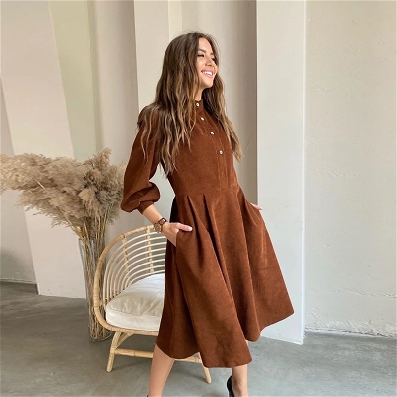 

Women Corduroy Lantern Sleeve Casual Dress Stand Collar Button Folds Dresses Autumn Winter Vintage A-Line Party Midi Dress 220406, Brown dress