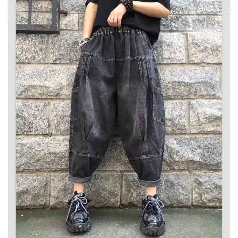

Women's Jeans Arrival 2022 Spring Arts Style Women Elastic Waist Vintage Blue Loose Big Pocket Casual Cotton Denim Harem Pants V929Women's