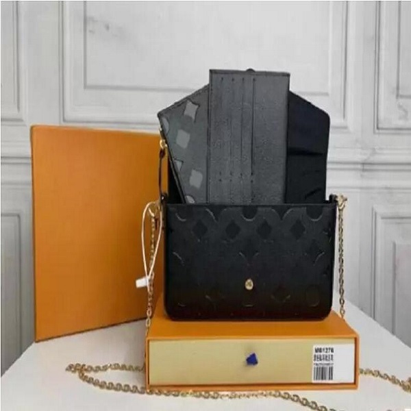 

luxurys bag favorite multi accessories 3 pcs/set women Crossbody Purse Messenger bags Handbags Flowers shoulder lady Leather with box, Black embossing
