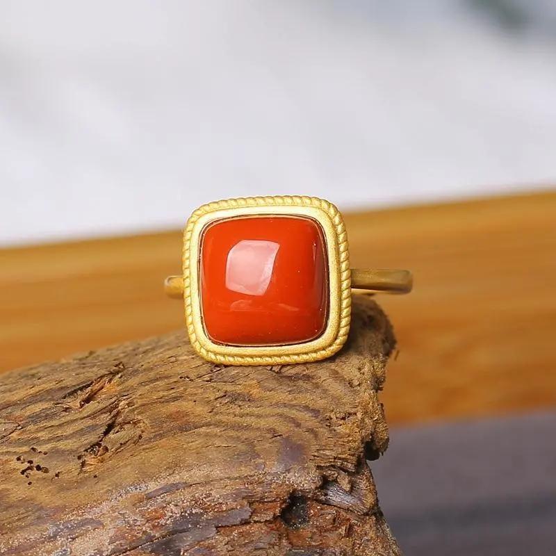 

Cluster Rings Classic South Red Tourmaline Square Opening Adjustable Ring Chinese Classical Unique Ancient Gold Craft Women's JewelryClu