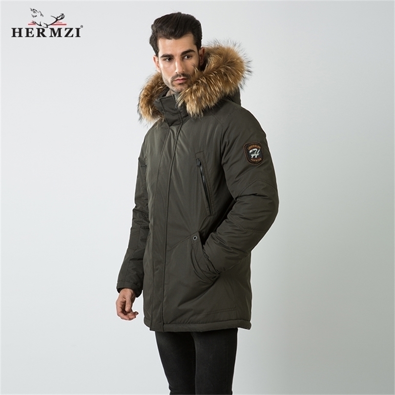 

HERMZI Winter Coat Men Cotton Padded Coat Parka Men Raccoon Fur Thick Winter Long Jacket Padded Jacket Russian Style M-4XL 201201, Dark khaki