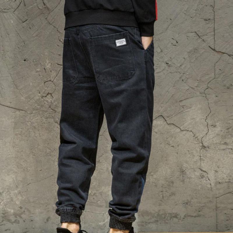 

Men's Jeans Great Men Solid Color Elastic Waist Boy Casual Student TrousersMen's, Black