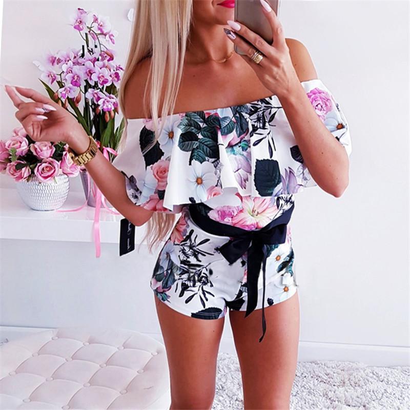 

Women' Jumpsuits & Rompers Fashion Women Playsuits Sexy One Neck Short Sleeve Print Summer Bandage Design Lace Decor Slim, Multi