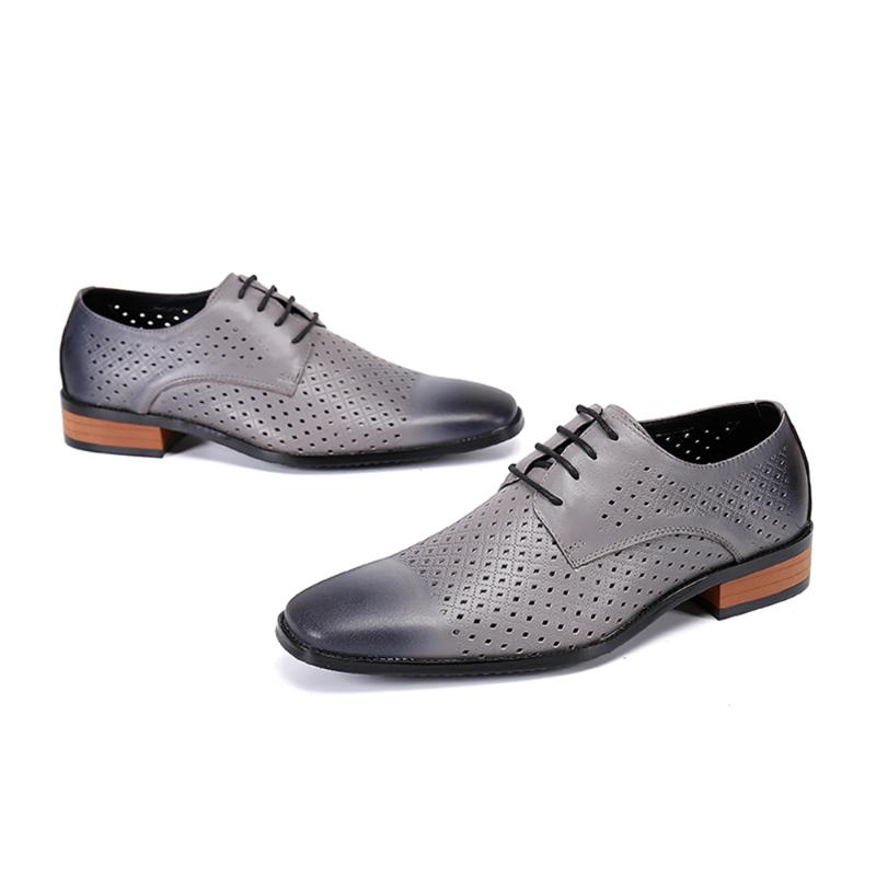 

Dress Shoes Men Hollow Breathable Genuine Leather Gray Solid Lace Up Oxford Business Casual Luxury