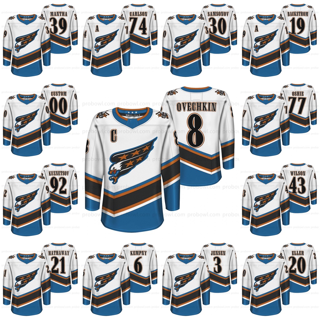 

Custom 8 Alex Ovechkin 2022 White Washington Henrik Lundqvist John Carlson T.J. Oshie Tom Wilson Backstrom Kuznetsov Mens Womens Youth, Mens: size s-3xl