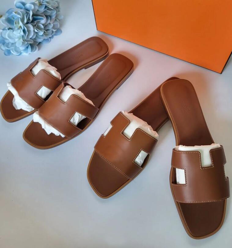 

Fashion Brand slip shoe for Women slipper sandal oran slippers luxury design calfskin brown genuine leather woman sandals outdoor walking casual 35-42