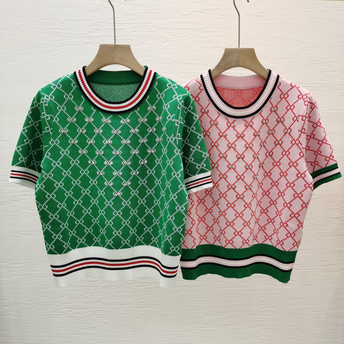 

2022 Fashion new diamond plaid embroidered knit T-shirt heavy craft ironed diamond round neck pullover top, Green