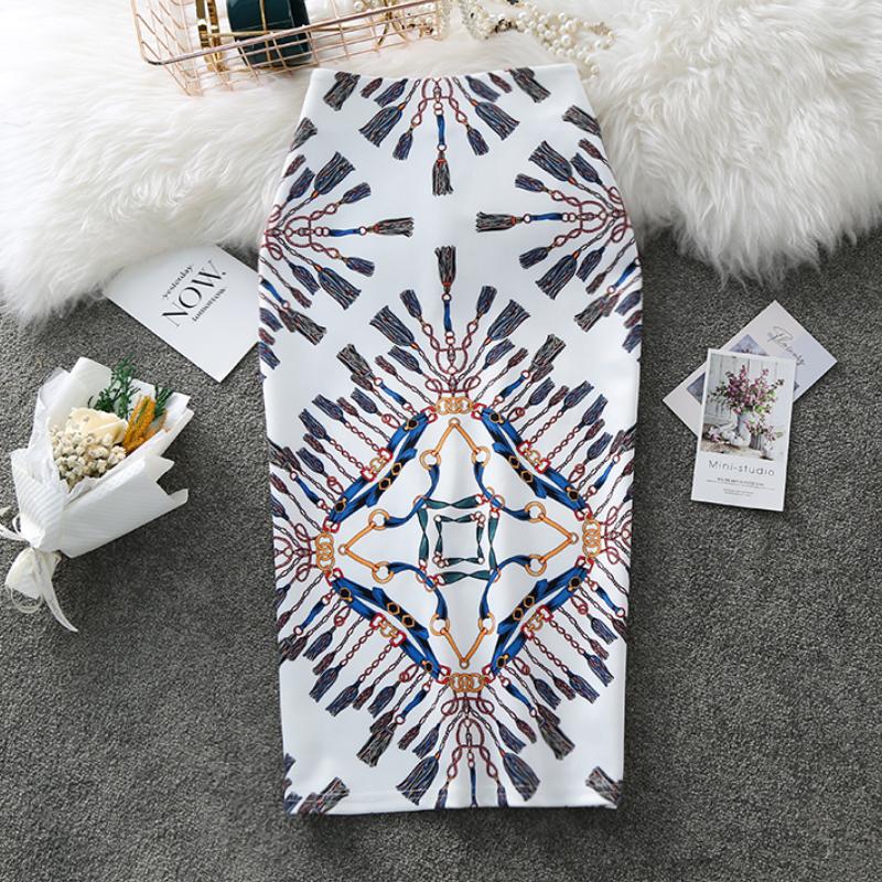 

Skirts Women's Pencil Skirt Summer Positioned Print High Waist Stretch Slim For Work Plus Size Female FaldaSkirts, White