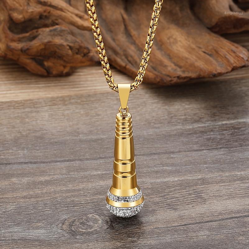 

Pendant Necklaces HaoYi Stainless Steel Microphone Necklace For Men Gold Fashion Luxury Hip-hop Rock Rhinestone Jewelry