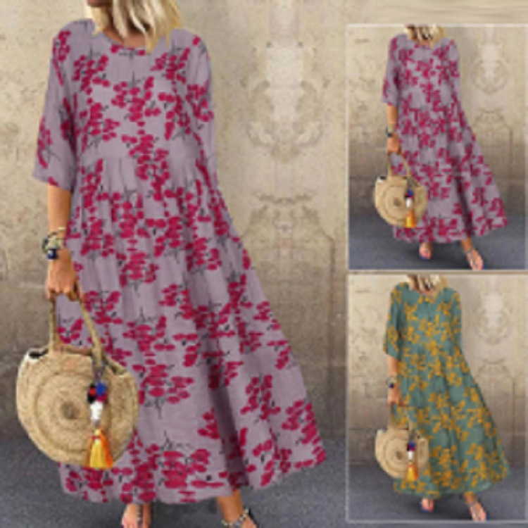 

Half Sleeve Vintage Floral Dress Women Sundress Casual Bohemian Women' Dress, Pink