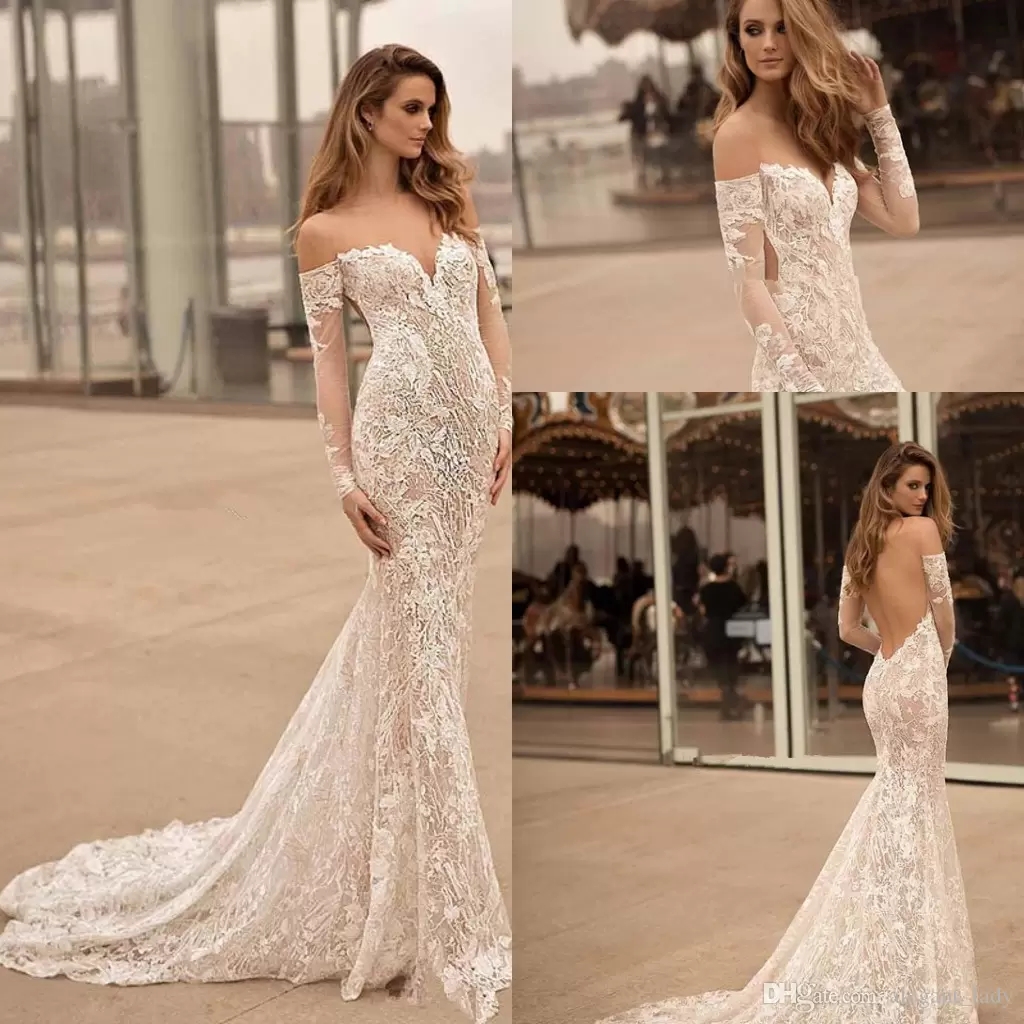 

Long Sleeves Off the Shoulder Berta Wedding Dresses 2022 Sweetheart Neckline Elegant Sexy Open low back Lace applique Beach wedding gown, White