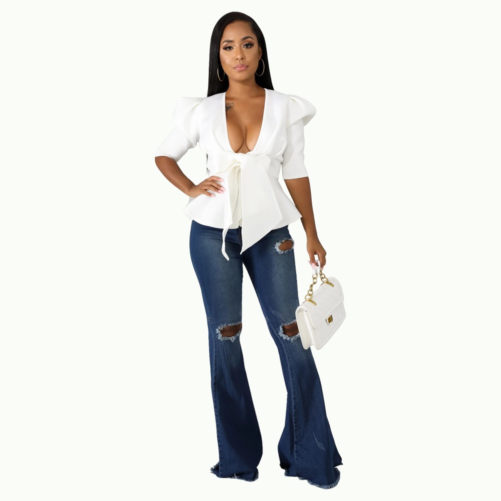 

x Sylvia Mollie Puff Sleeve Zip Up Patch Pocket Peplum Coat 79QG#, White