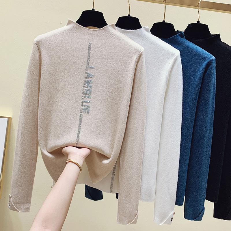 

Women's Sweaters Diamond Letter Embroidery Woman Autumn Winter Pullover 2022 Rhinestone Long Sleeve Button Sweater Half High Collar White Ju, Blue