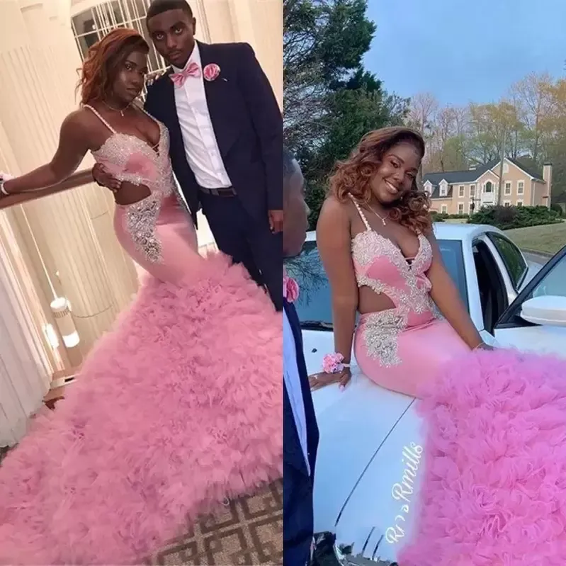 2022 Pink African Tiered Skirts Plus Size Mermaid Prom Dresses with Beaded Appliques Spaghetti Straps Backless Cut away Sides Evening Gowns VOG34-image-758204962