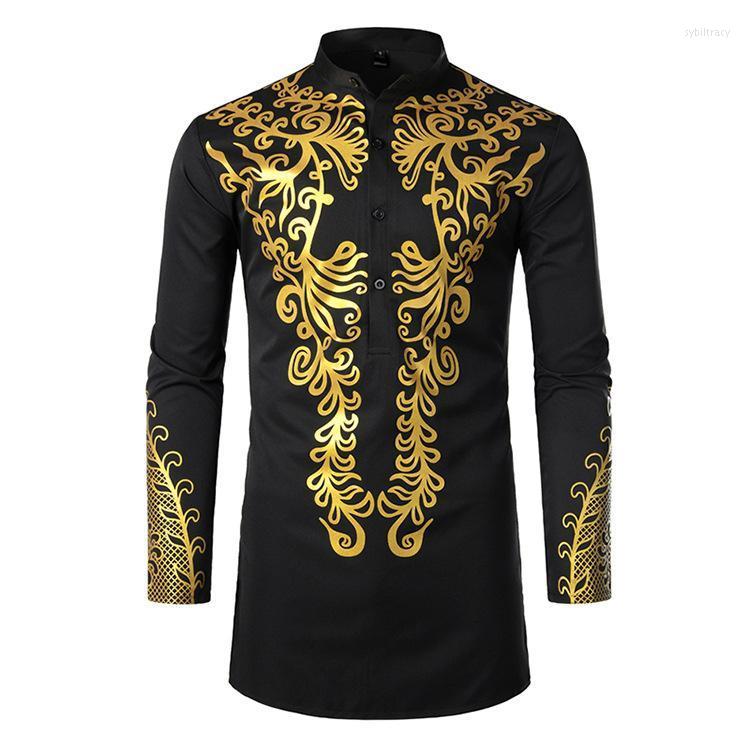 

Men' Dress Shirts African Golden Polished Long Tunic Mens Fashion Print Button Up Bridegroom Top Stand Collar Clothes Black MenMen' Sybi22, White