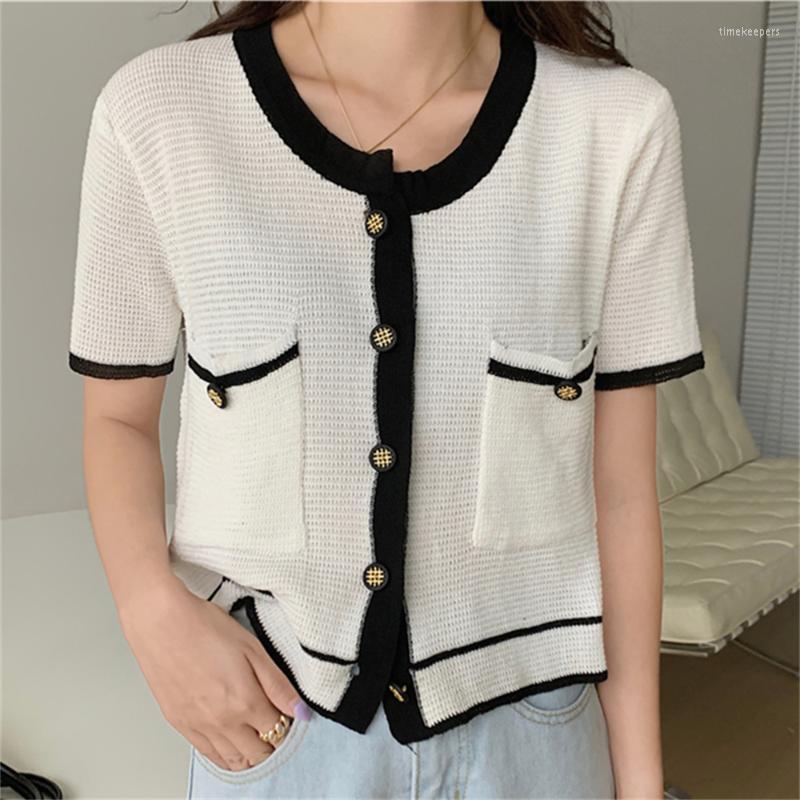 

Women's Knits & Tees 2022 Summer Knitted Women Coats Hollow Out Stylish Cardigans Office Lady Thin Work Wear Short Sleeve TopsWomen's Time22, White