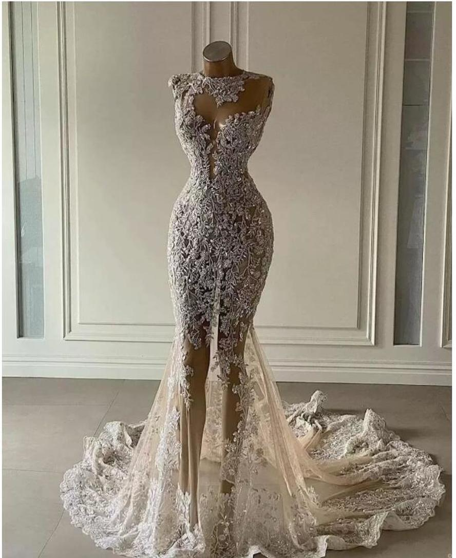 2022 Robes de mariée sirène illusion robe nuptiale du train de balayage cristaux en dentelle en perle applique tulle sans manches plus taille de