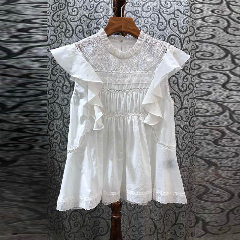 

Women' Blouses & Shirts Black/White Color Cotton Ruffles Sleeve Blouse Womens' Lace Hollow Out Stand Collar Sweet 2022 Spring Summer Lady
