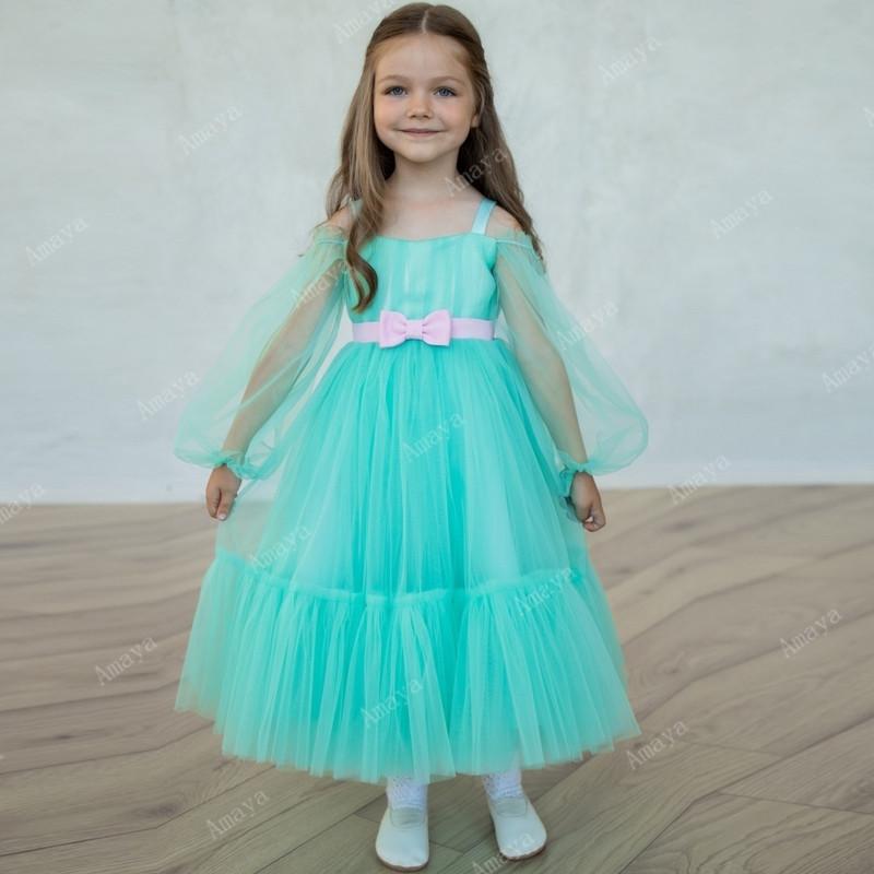 

Girl's Dresses Amaya Green Tulle Flower Girl 2022 Long Sleeves Ball Gown Off The Shoulder Puffy Holy Communion Pageant Gowns For KidsGirl's, Blue