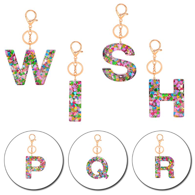 

Keychains Fashion A-Z 26 Alphabet Colorful Love Heart Sequins Resin Keyring Women Handbag Charms Accessories Gift