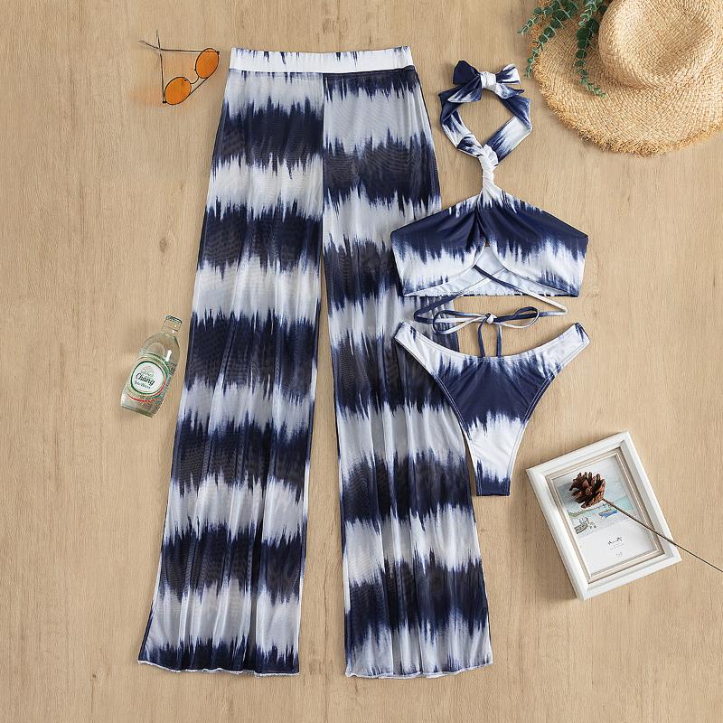 

Women' Swimwear Sexy String Bikini Push Up Bikinis Cross Halter 3 Piece Set Swimsuit For Women With Mesh Pants Bathing Suit Beach Wear, Printed