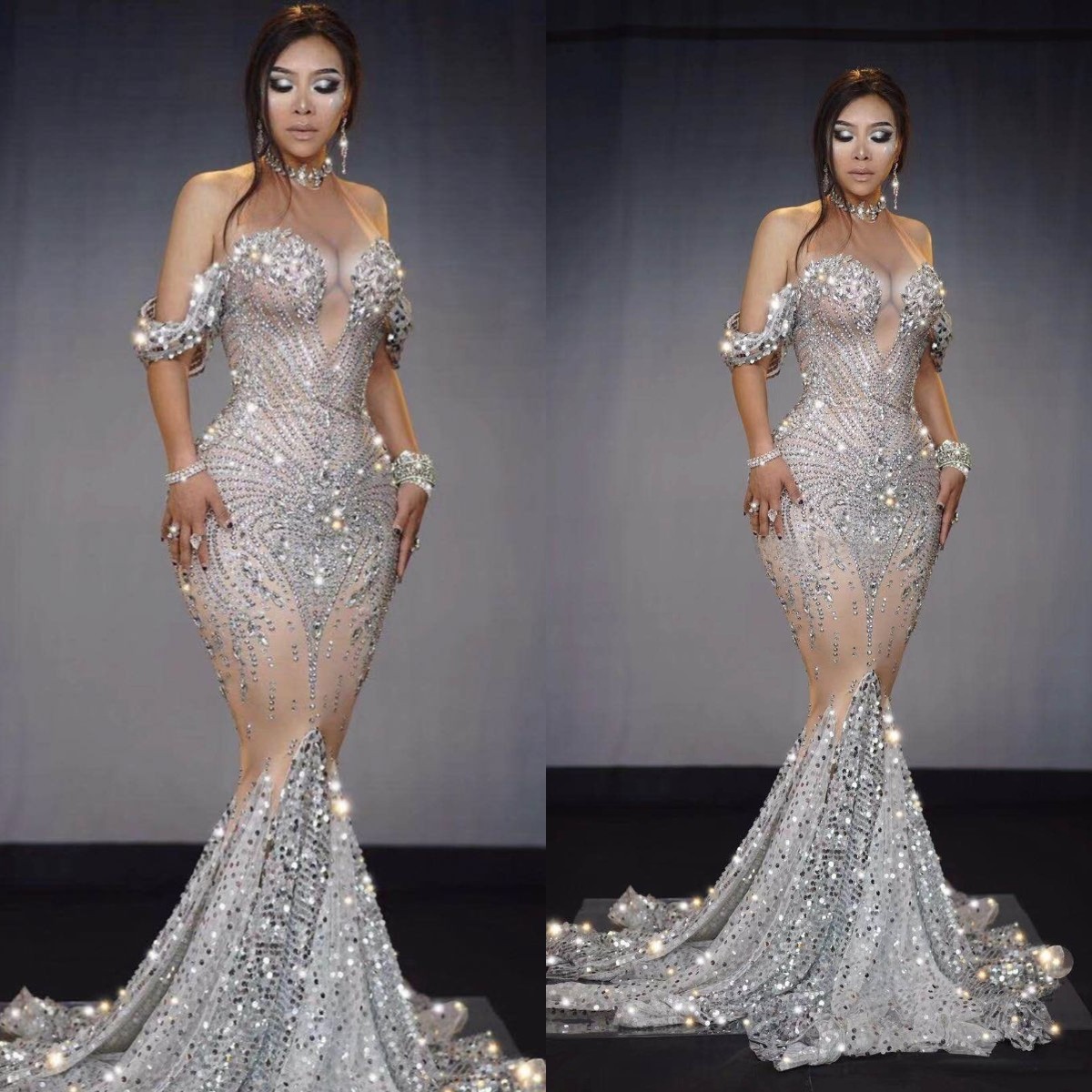 

2022 Mermaid Evening Dress Illusion Sequin Prom Gowns Luxury Crystal Formal Party Dresses Runway Fashion vestido de novia, Khaki