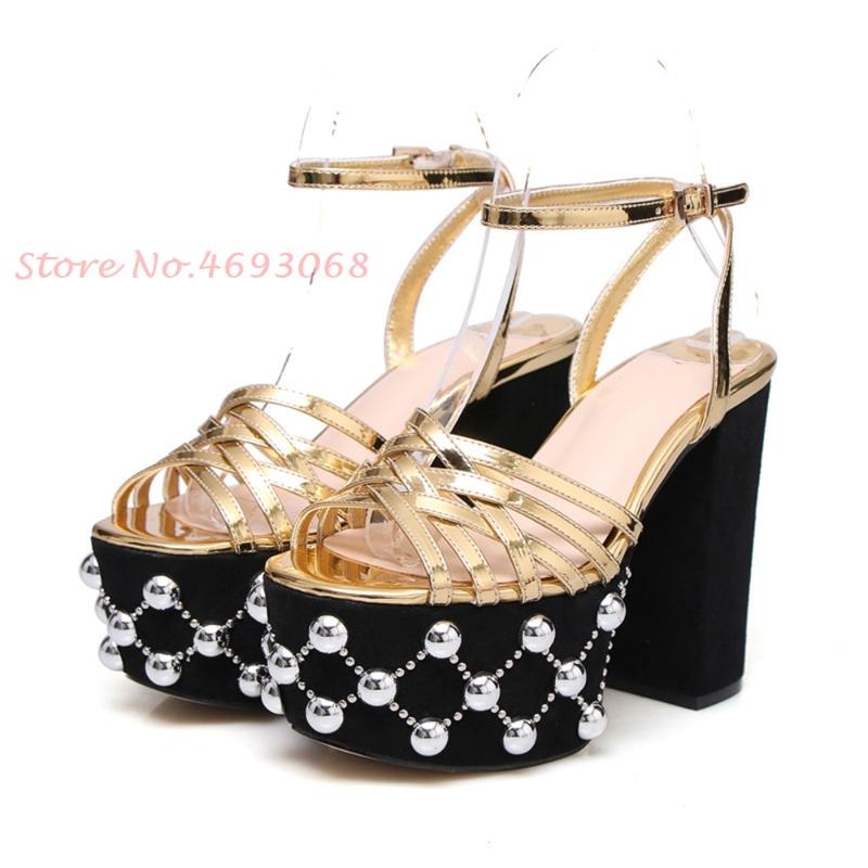

Sandals Rivet Platform Women Cross Straps Gold Belt Buckle Chunky Heels Peep Toe Black Narrow Band Ankle Wrap Gladiator