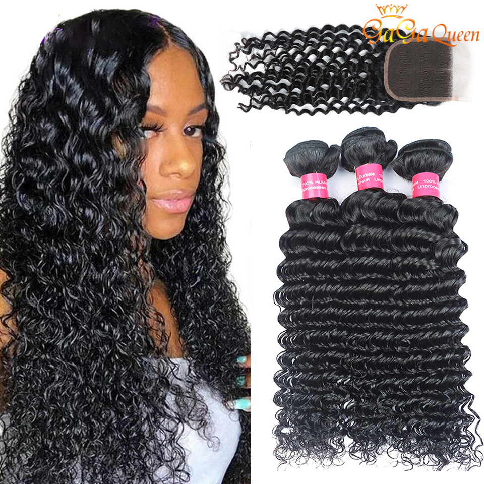 

Peruvian Deep Wave Bundles With Closure 100% Remy Human Hair Deep Wave With 4x4 Lace Closure, Middle part