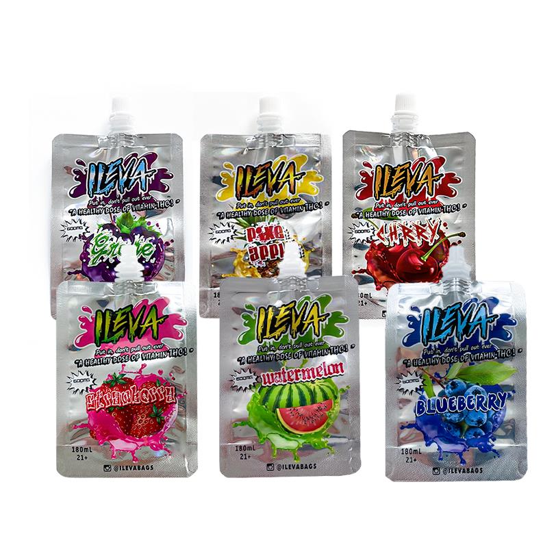 

ILEVA 600mg nozzle juice edible packaging bags with bottle cap blueberry watermelon cherry grape 180ml infused beverage liquid spout top smell proof resealable