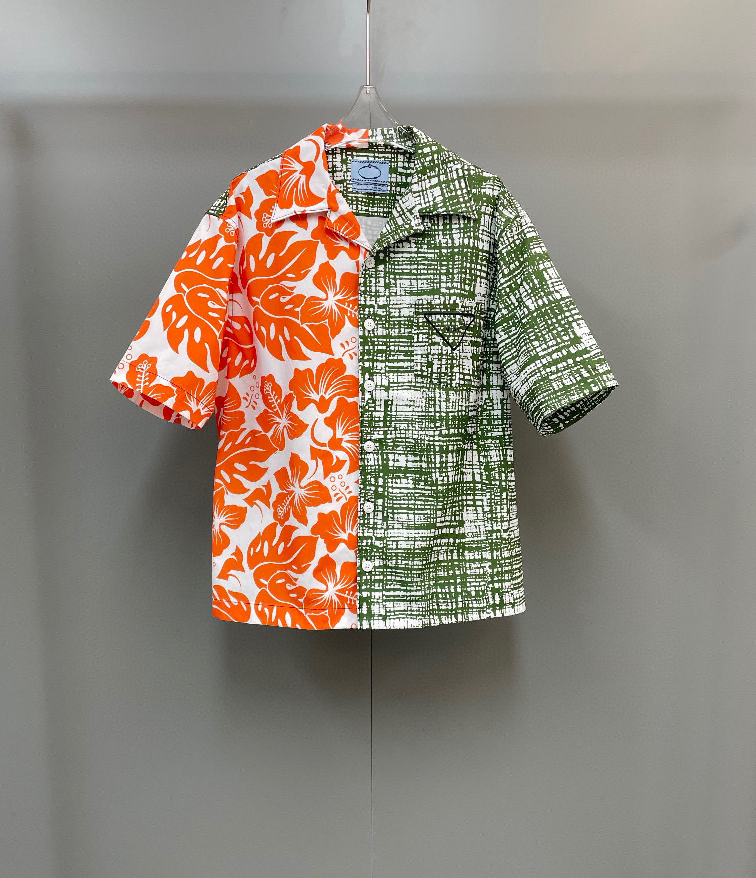 

FALECTION MENS 22SS P MILANO shirt orange flower and squares PRINTED NYLON BUTTONS UP SHIRT double match heavy cotton tshirt, White